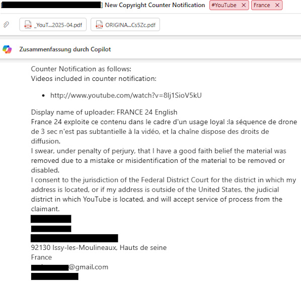 Another Fraudulent Counter Notification filed by FRANCE 24
