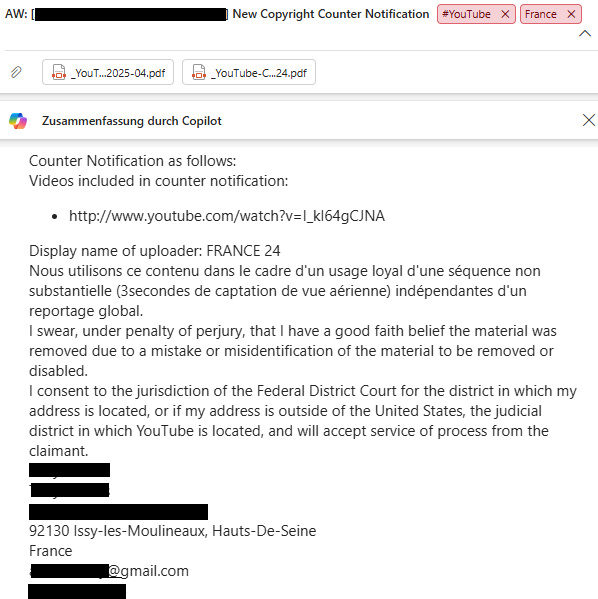 Fraudulent Counter Notification filed by FRANCE 24