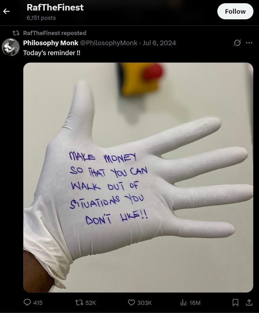 In 2024, Rafael Delgado García reposted this tweet — celebrating the idea of “making money to escape consequences.” © Philosophy Monk
